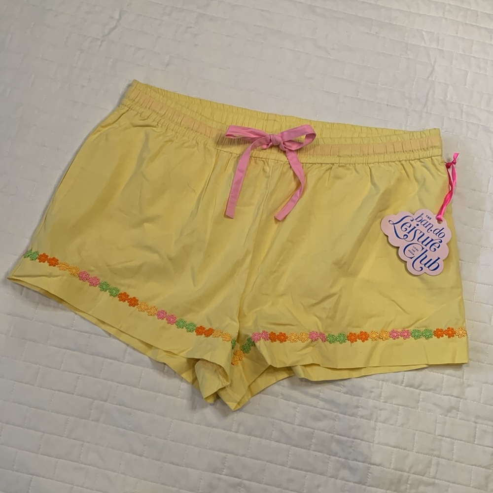 NWT Ban.do Drawstring Shorts, Yellow & Pink, Embroidered Appliqué Trim, Size XL